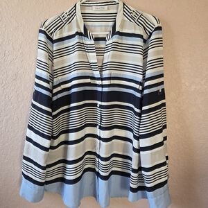Calvin Klein Striped Button-Up Blouse in Navy, White & Light Blue Large